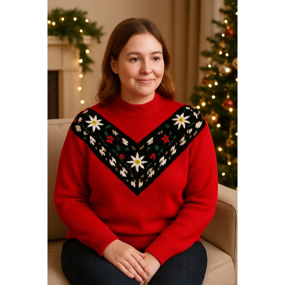 Honors Misses Red Mock Neck Floral Fair Isle Knit Vintage Sweater‎ Women Size S
